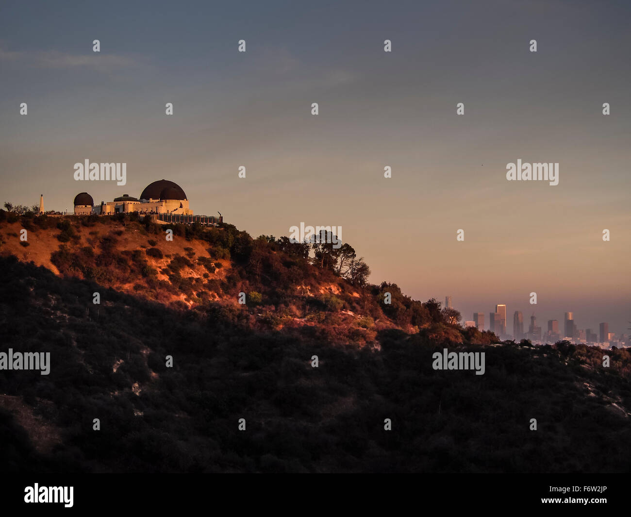 USA, Los Angeles, Griffith Observatory and city skyline at sunset Stock Photo