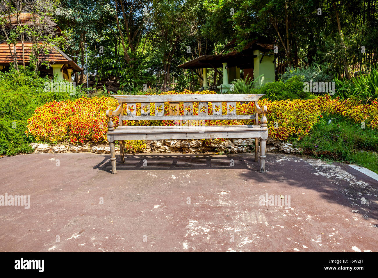 Wooden bench in a park in front of trees hi-res stock photography and ...