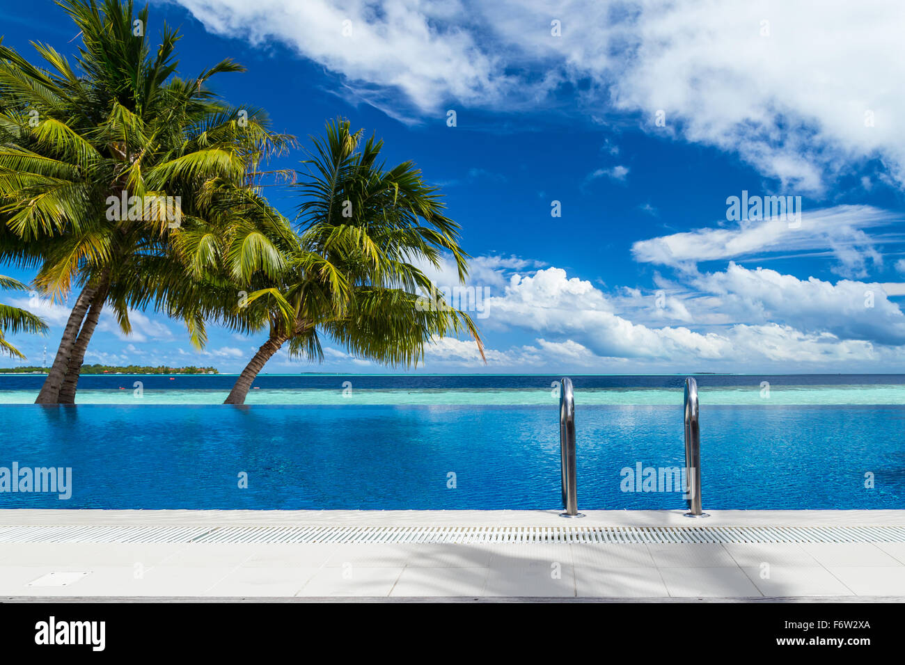infinity pool with coco palms in front of tropical  landscape Stock Photo