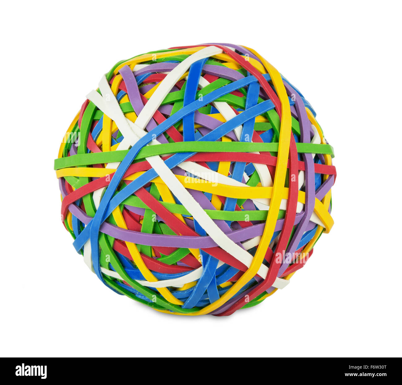 rubber ball out of many colorful elastic bands on white background Stock Photo