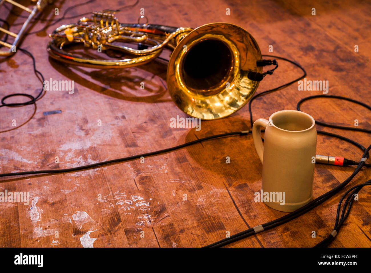 Germany, Munich,  Oktoberfest, Horn and beer stein on a stage in a beer tent Stock Photo