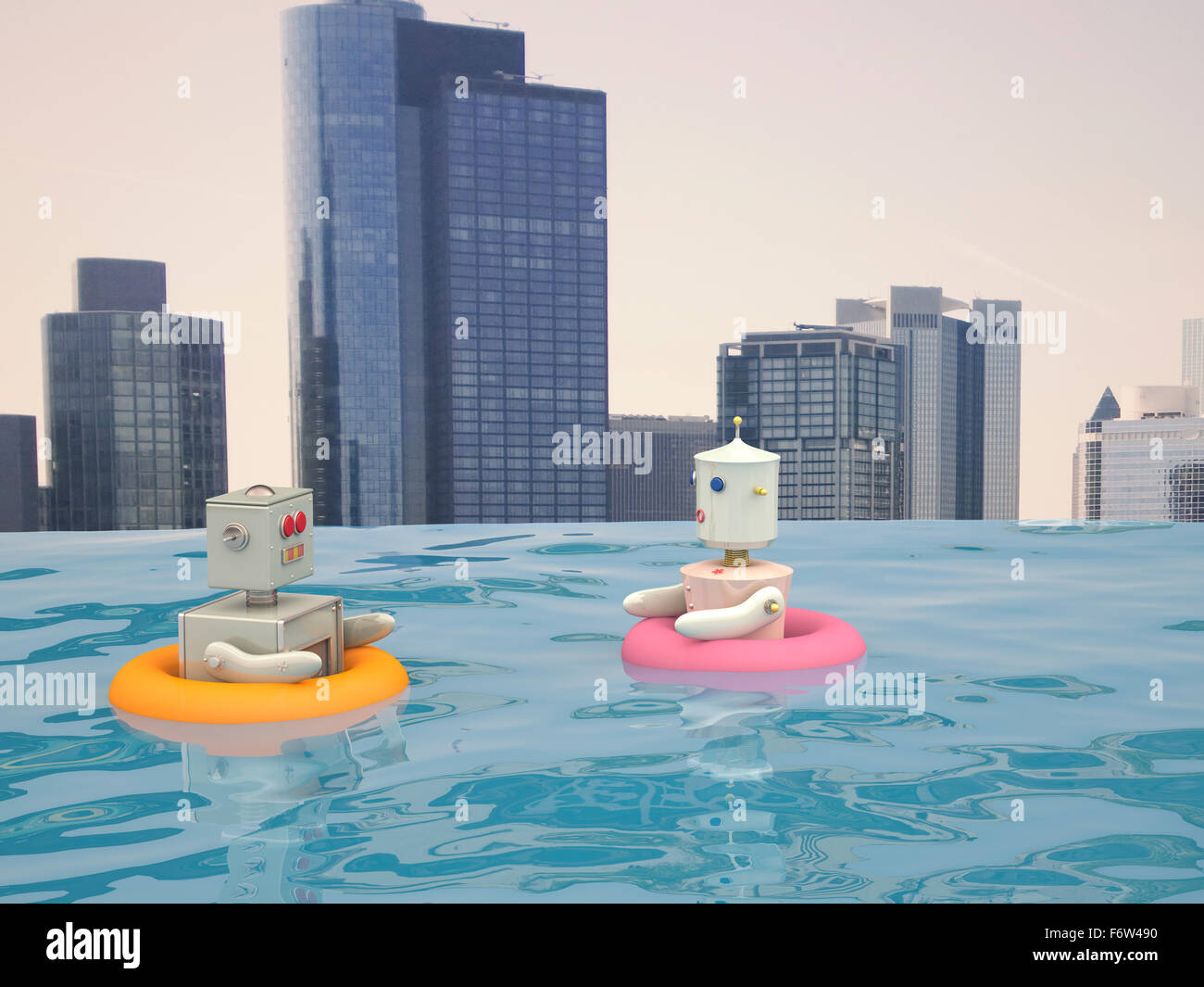 Male and female robot with floating tires swimming in pool in front of ...