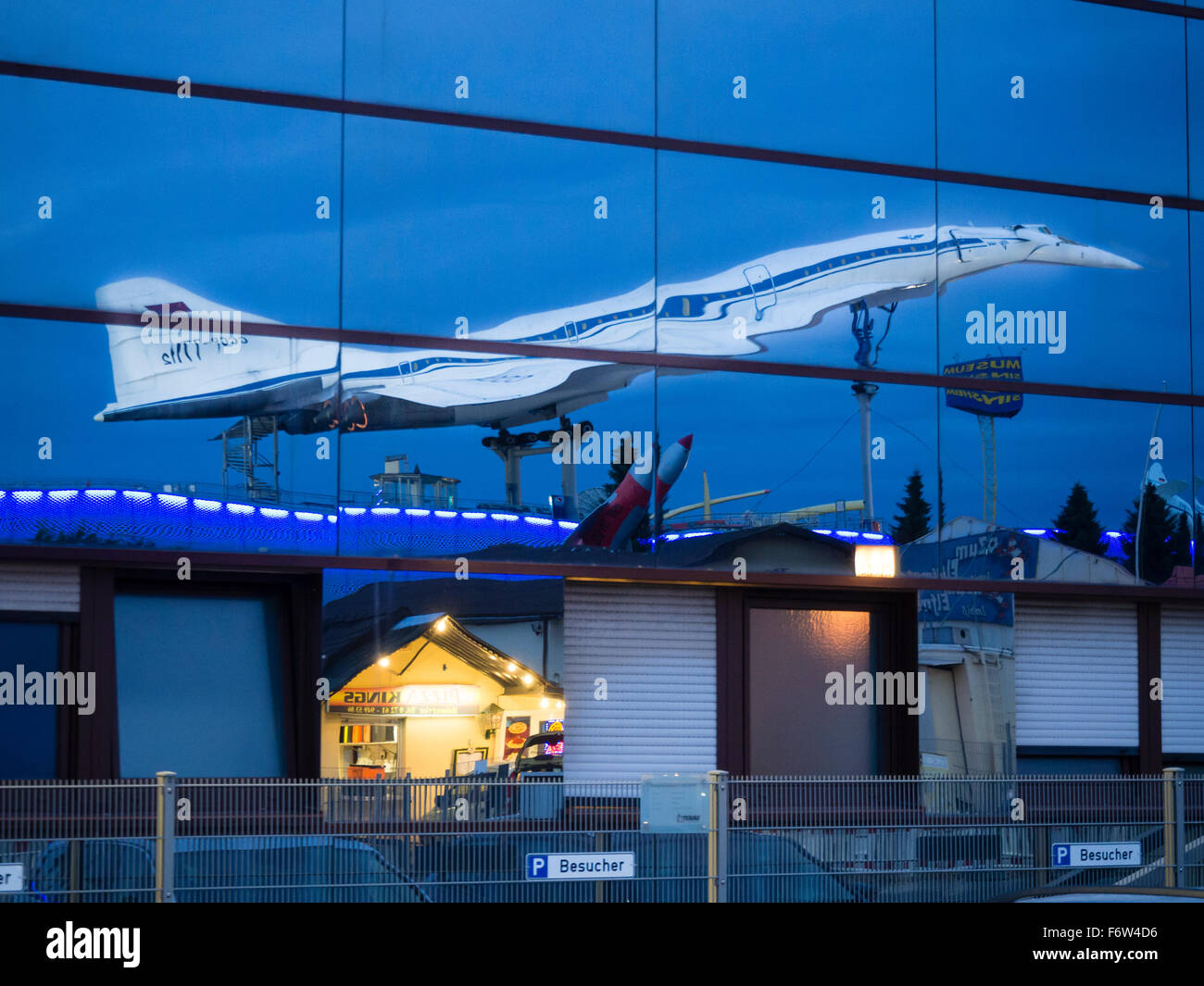 Discarded Russian Tupolev Tu-144 supersonic passenger aircraft at the rooftop of the museum for technology in Sinsheim, Germany. Stock Photo