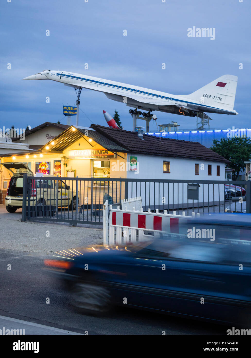 A discarded Russian Tupolev Tu-144 supersonic passenger aircraft on display at the rooftop of a museum in Sinsheim, Germany. Stock Photo