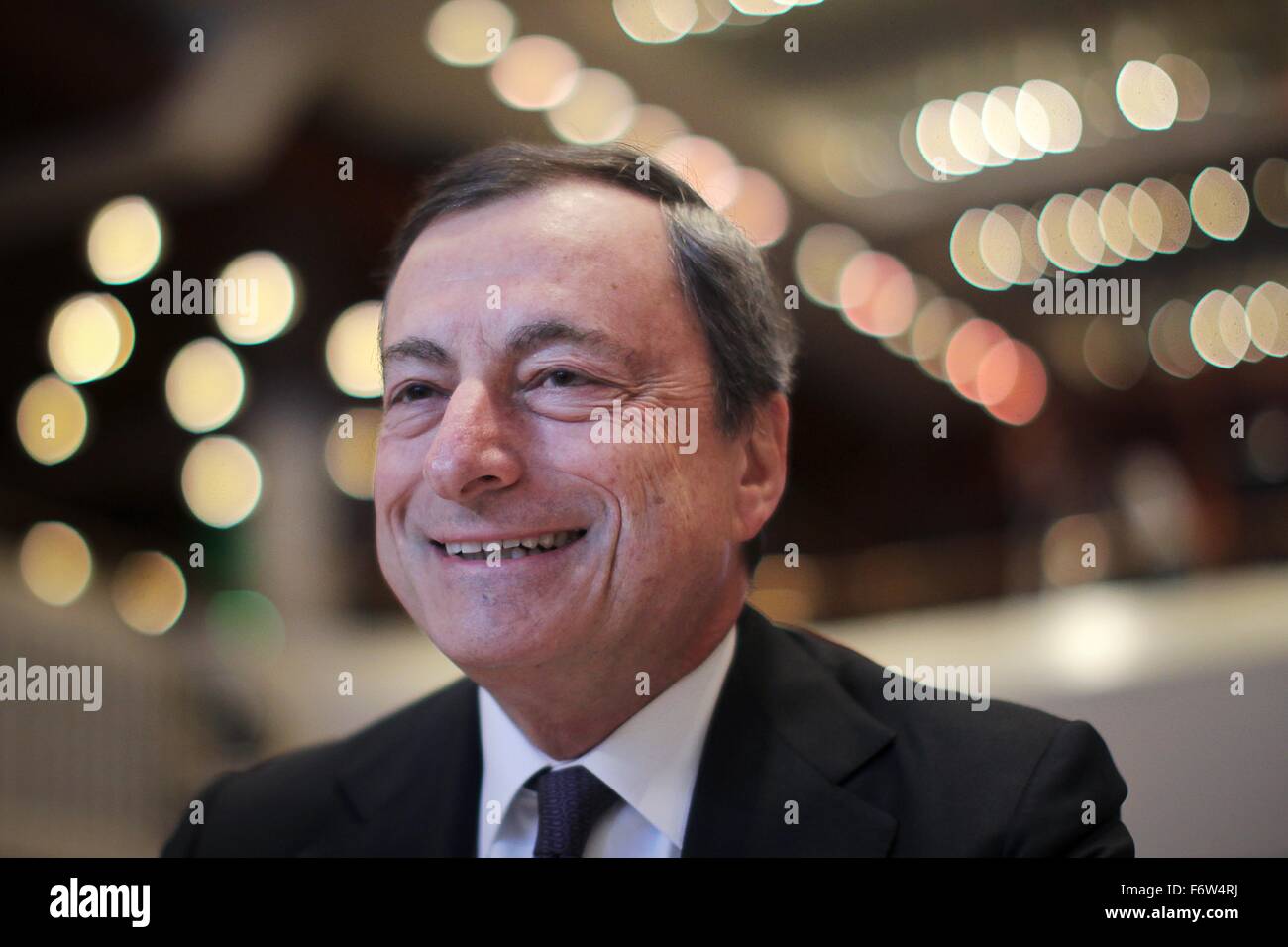 Frankfurt, Germany. 20th November, 2015. President of the European Central Bank (ECB), Mario Draghi, attends the European Banking Congress (EBC) in Frankfurt/Main, Germany, 20 November 2015. The congress focusses on various aspects of global and national finance and economic policies. Photo: Fredrik von Erichsen/dpa Credit:  dpa picture alliance/Alamy Live News Stock Photo