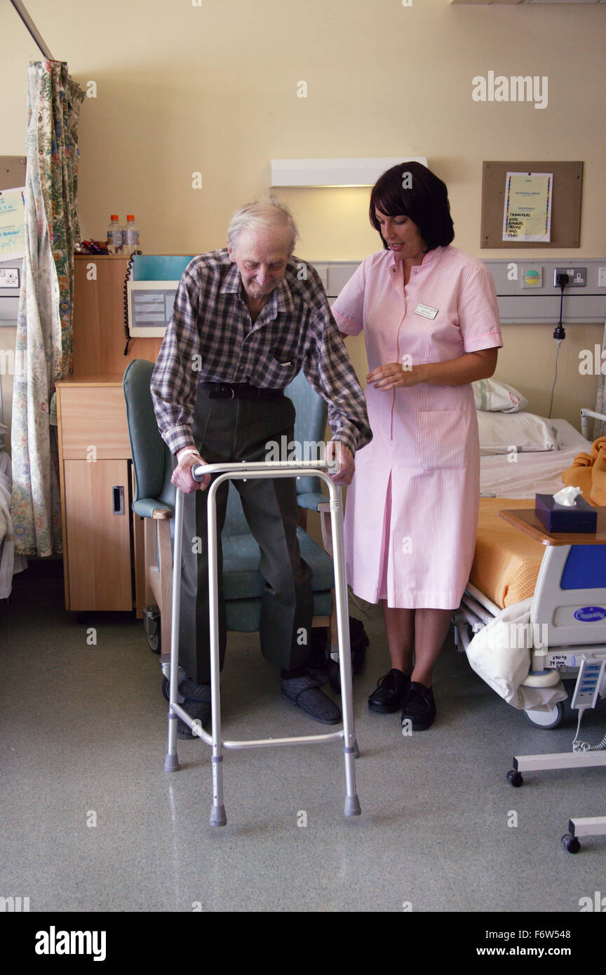 Health care worker assisting elderly patient to mobilise and transfer into chair using Zimmer frame, Stock Photo