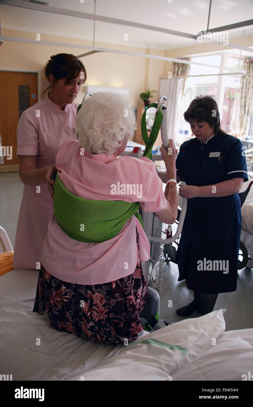 Nurse with disability and health care worker transferring elderly patient; who is nonweight bearing; using Sabina hoist, Stock Photo