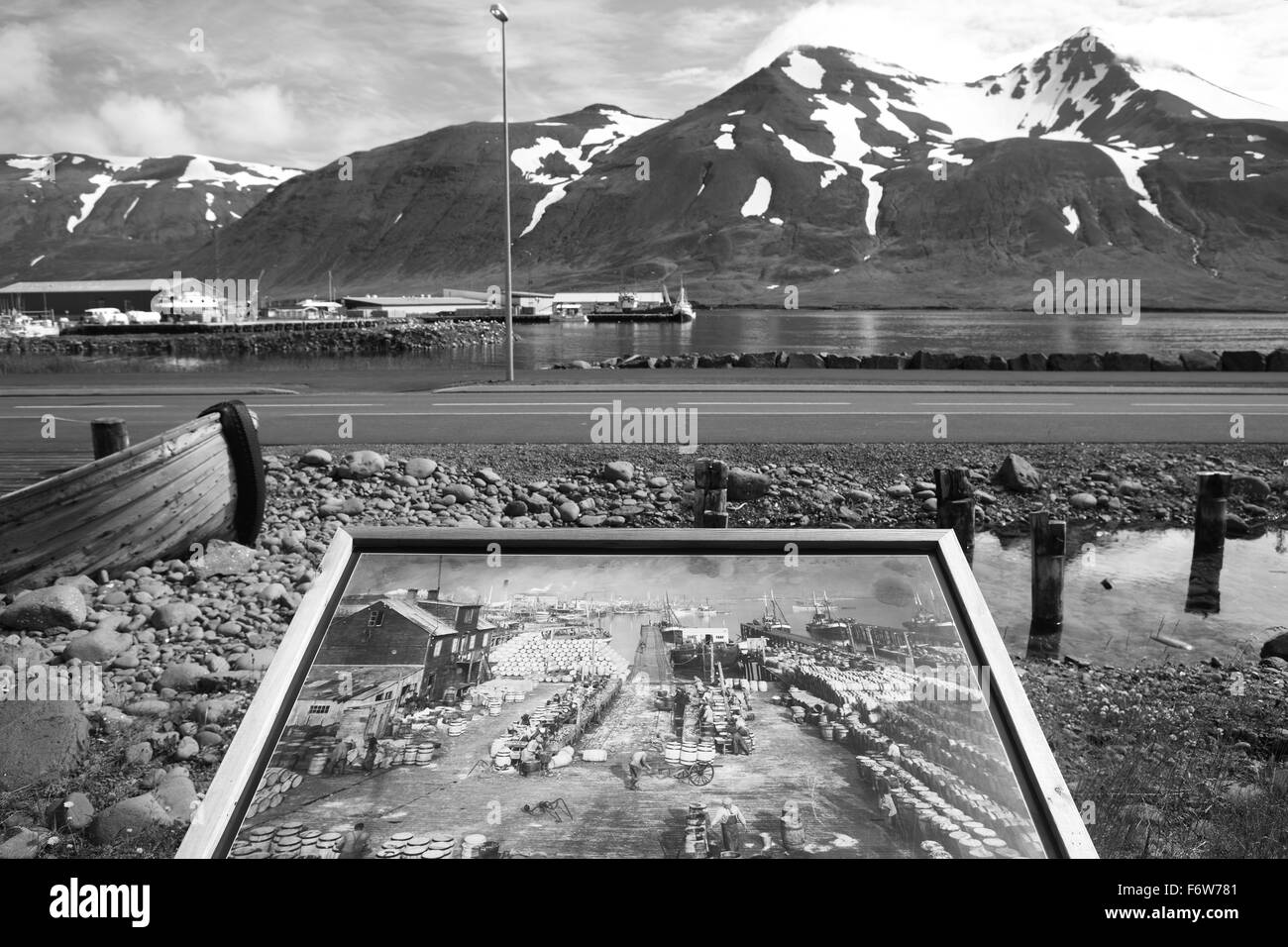 Old photo of herring process and Siglufjordur harbor Iceland Stock Photo