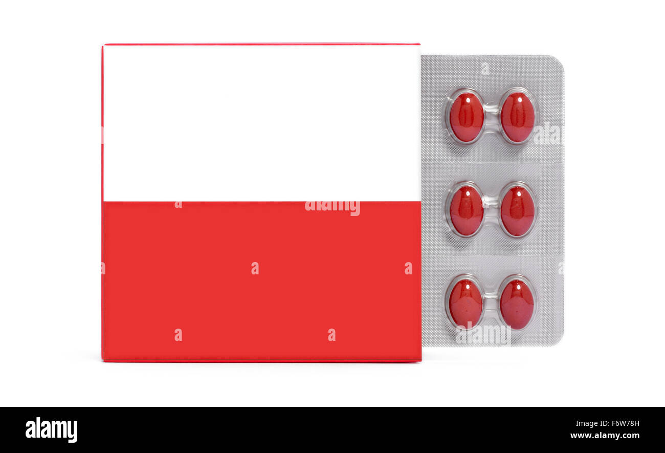 Pack with pills blister red and white colors copy space isolated on white background Stock Photo