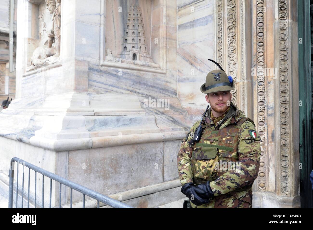 Milan, Italy. 19th November, 2015. The army in anti-terrorism security service around the Cathedral Duomo Credit:  Dino Fracchia/Alamy Live News Stock Photo