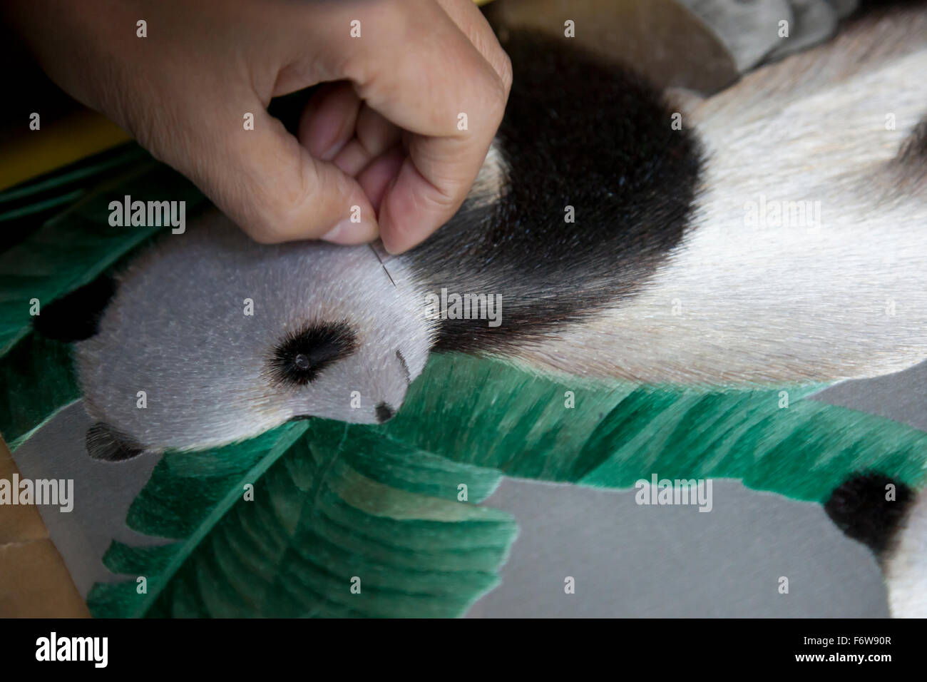 A weaver making an embroidery that depicts a panda and green foliage at the Shu Brocade Museum in Chengdu in Sichuan in China. Stock Photo