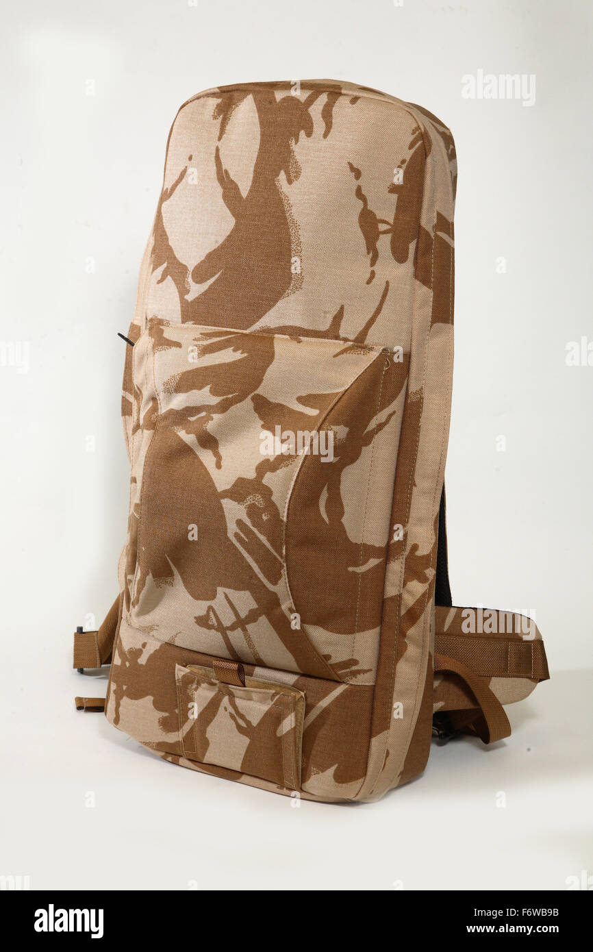 studio picture of a British army back pack in desert camouflage fabric Stock Photo