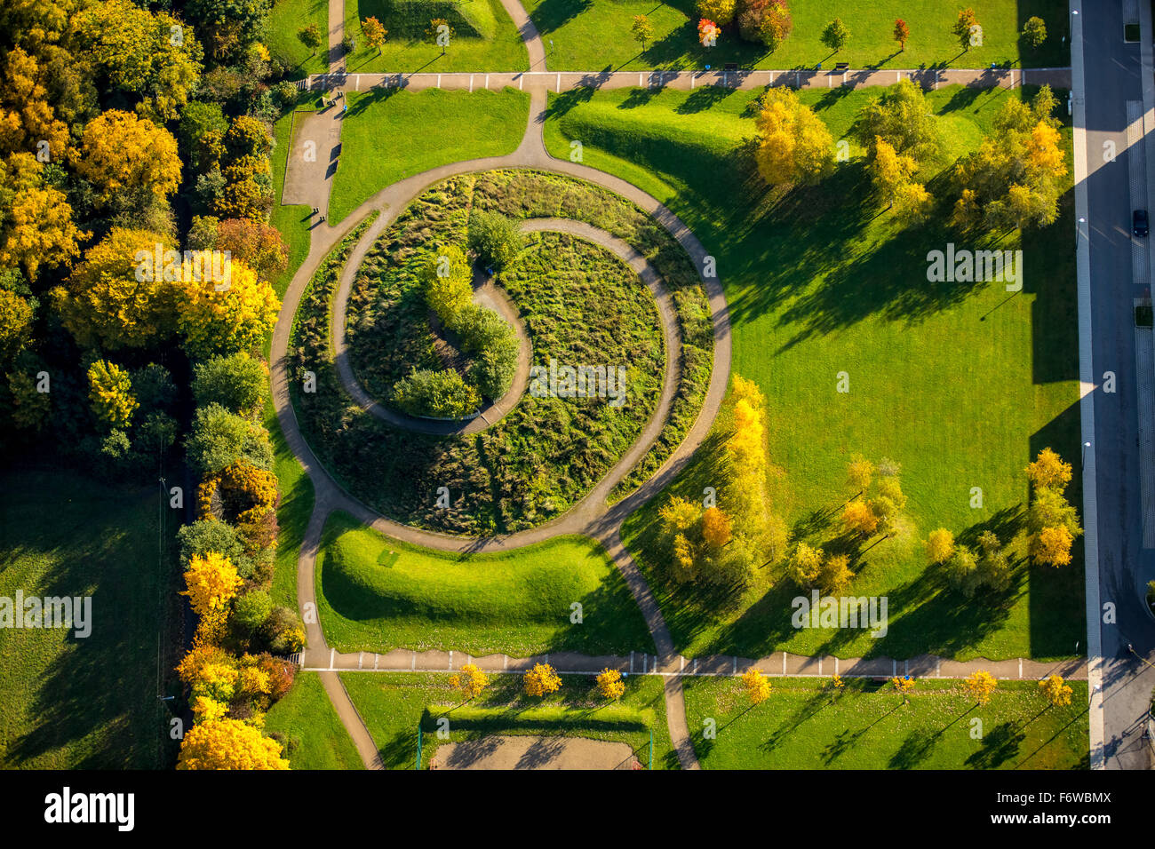 ying yang sign, Dilldorfer height Kupferdreh, garden, landmark, Essen, Ruhr area, North rhine westphalia, Germany, Europe, Aeria Stock Photo
