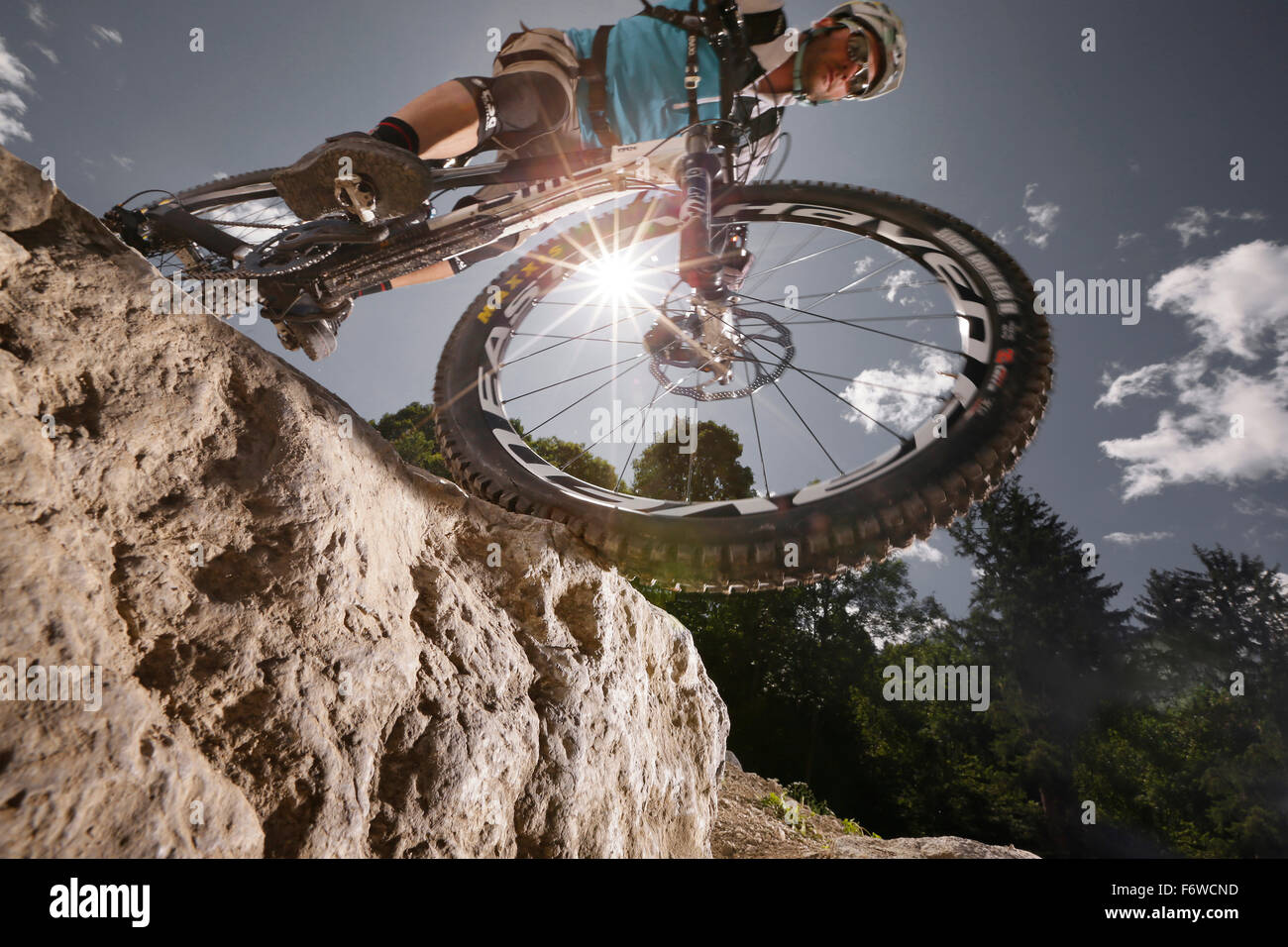 Mountain biker off-roading, Eckbauer, Garmisch-Partenkirchen, Bavaria, Germany Stock Photo