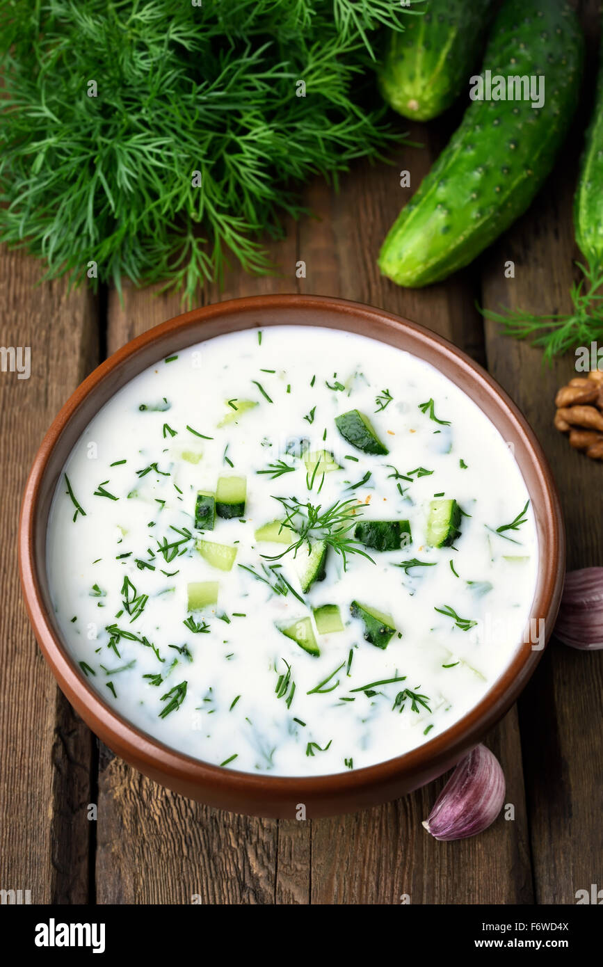Summer cold yogurt soup with cucumbers, dill and nuts Stock Photo Alamy