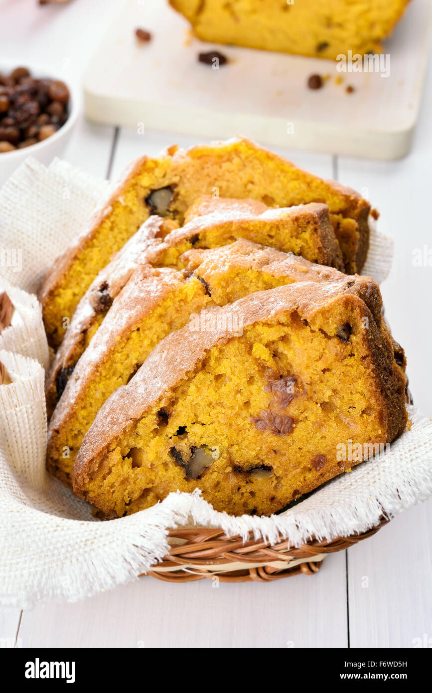 Slices of pumpkin bread with nuts and raisin Stock Photo