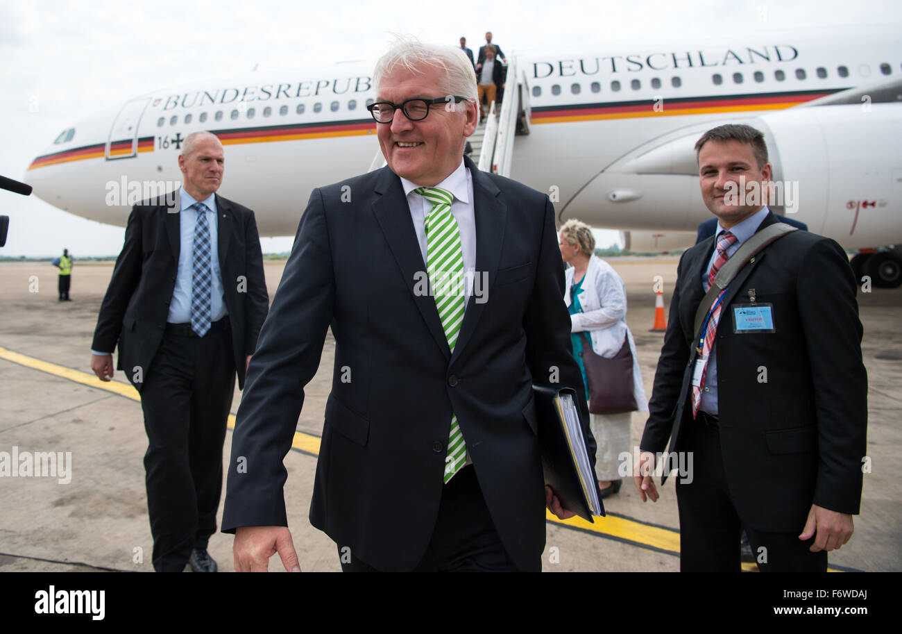 German Minister for Foreign Affairs Frank-Walter Steinmeier (SPD) arrives at the airport of Lusaka, Zambia, 20 November 2015. Steinmeier and a cultural and economic delgation visit the four African states Mozambique, Zambia, Uganda and Tansania until next Sunday. Photo: Bernd von Jutrczenka/dpa Stock Photo