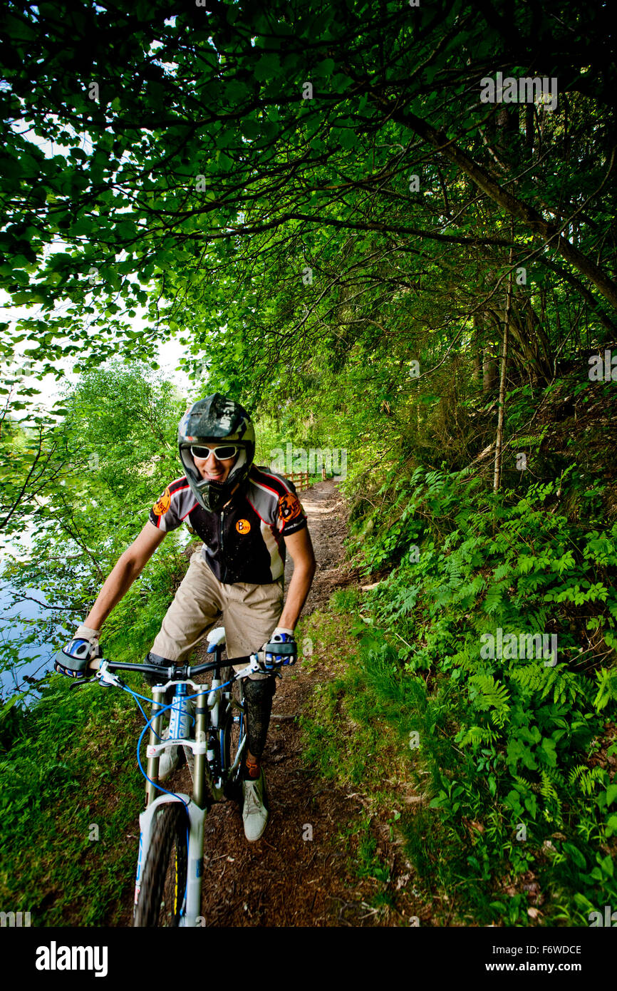 Downhill mountain biker off-roading, Frauenalpe, Murau, Styria, Austria Stock Photo