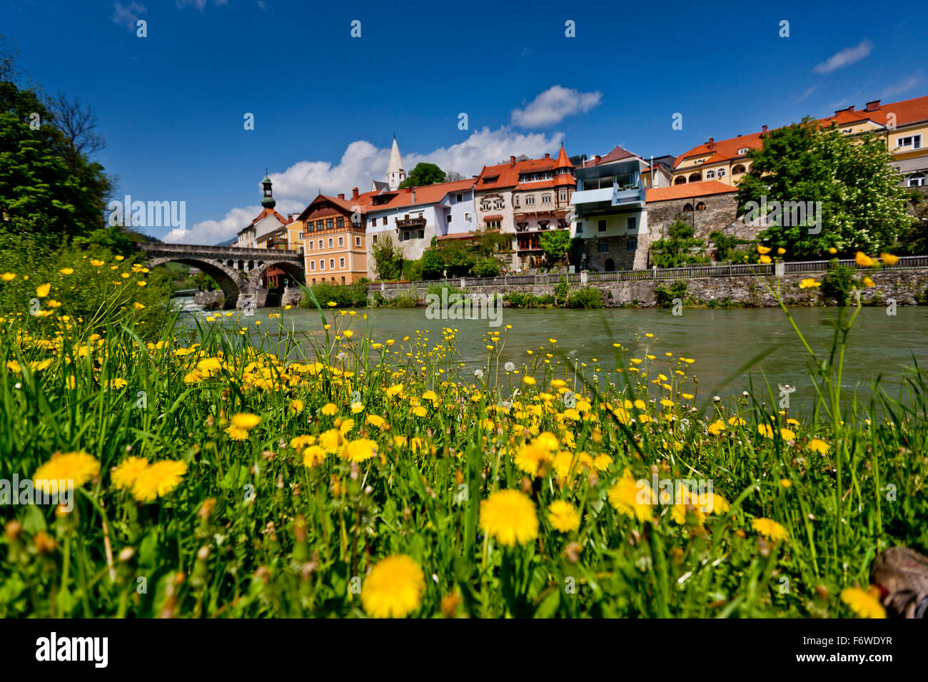 View over river Mur to old town, Murau, Styria, Austria Stock Photo