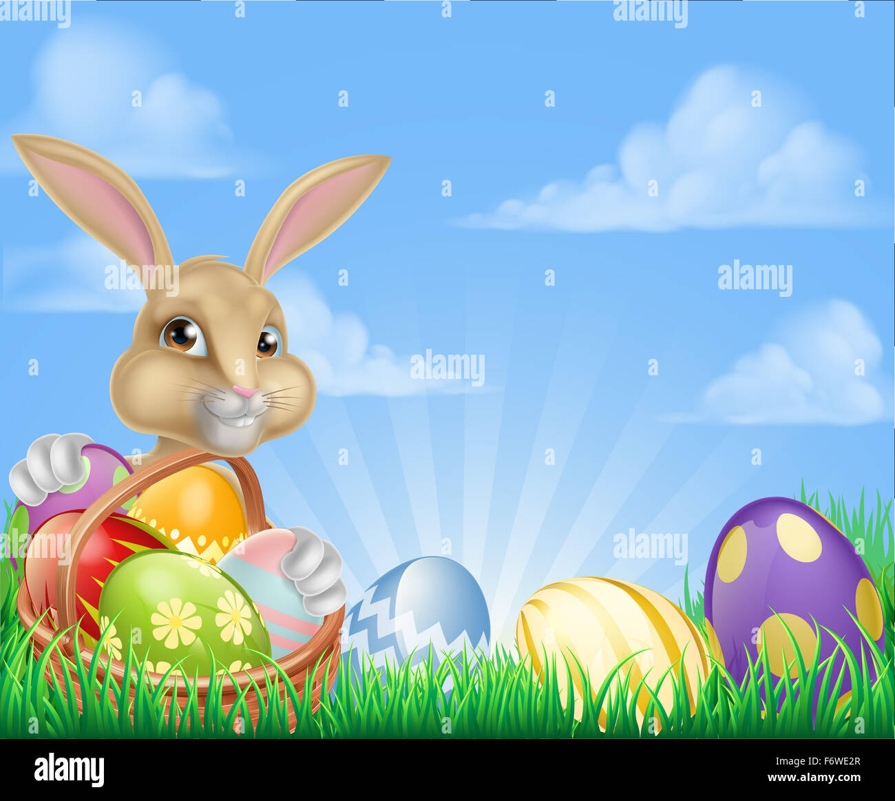 Easter scene with Easter bunny with a basket full of decorated