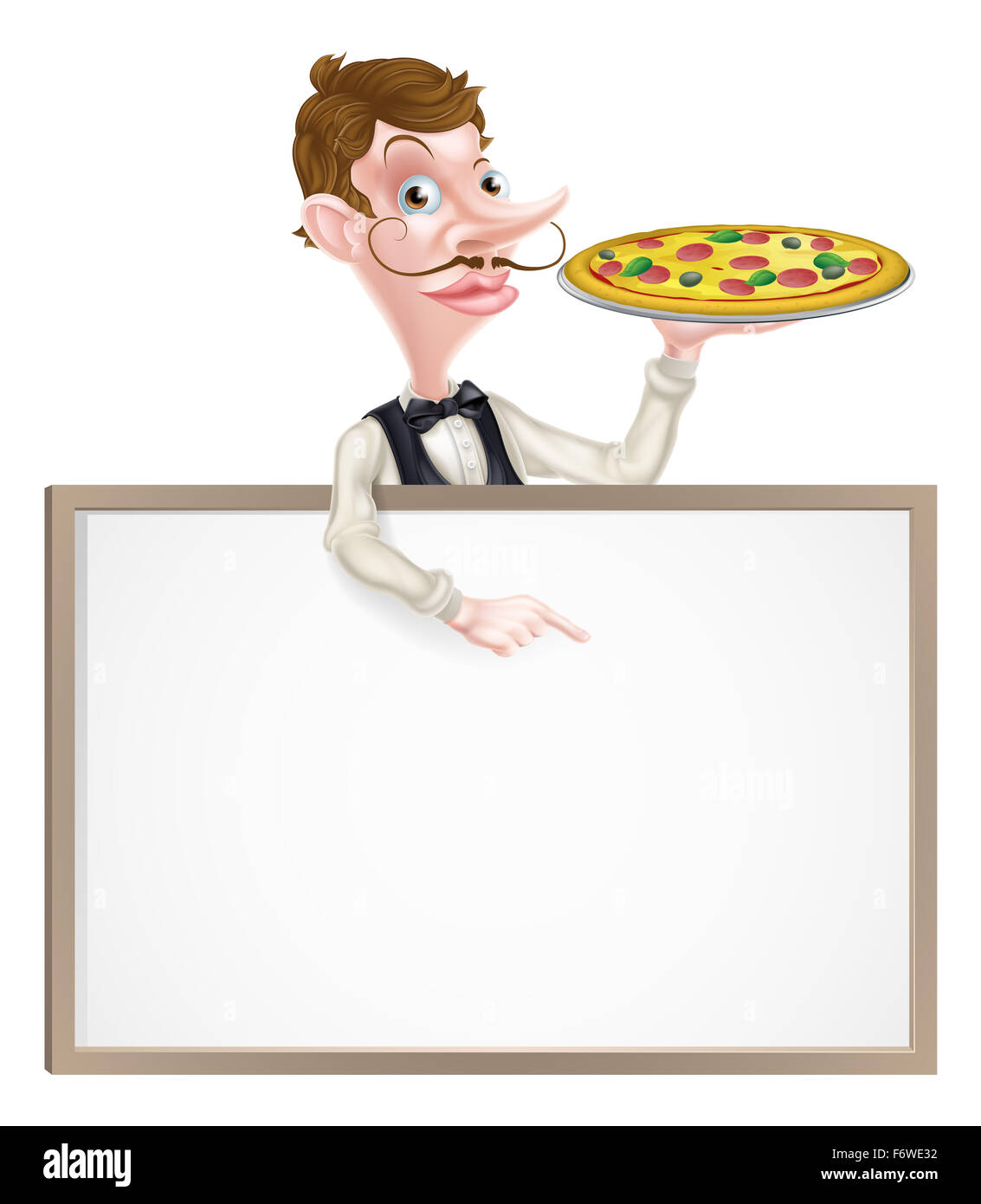 An illustration of a cartoon waiter holding a tray with a pizza on it  and pointing at a signboard Stock Photo