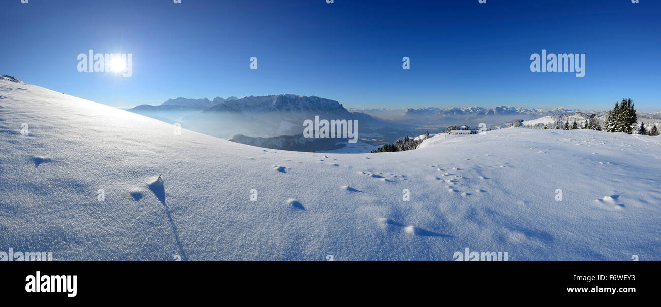 Panorama with snow-covered alps at Brennkopf, Inn valley and Mangfall range in the background, Brennkopf, Chiemgau range, Tyrol, Stock Photo