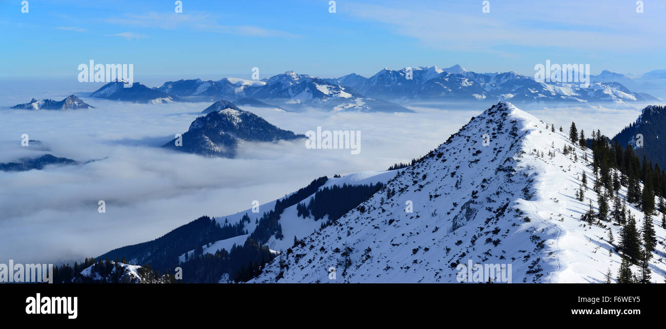 Panorama at Grosser Traithen with view to Chiemgau range, Grosser Traithen, Mangfall range, Bavarian Alps, Upper Bavaria, Bavari Stock Photo