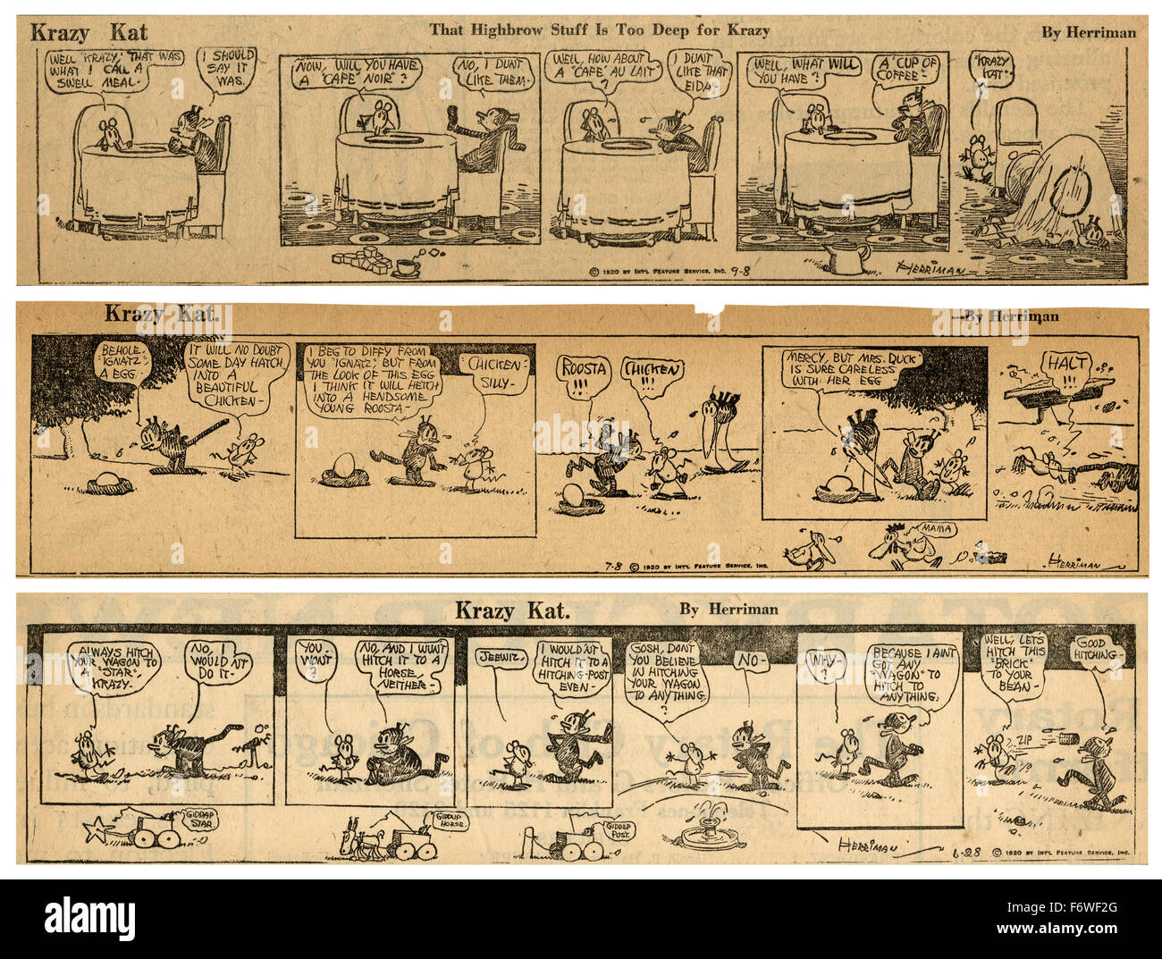 Three 1920 Krazy Kat comic strips by George Herriman, featuring Krazy Kat and Ignatz Mouse. Stock Photo