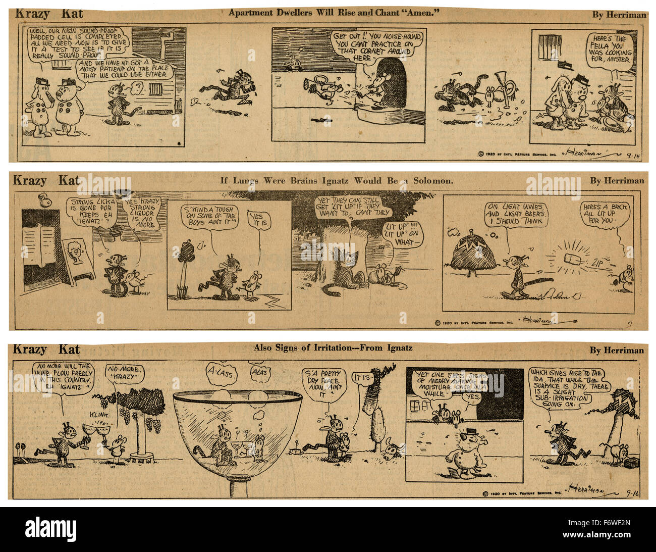 Three 1920 Krazy Kat comic strips by George Herriman, featuring Krazy Kat and Ignatz Mouse. Two strips touch on the idea of Prohibition. Stock Photo