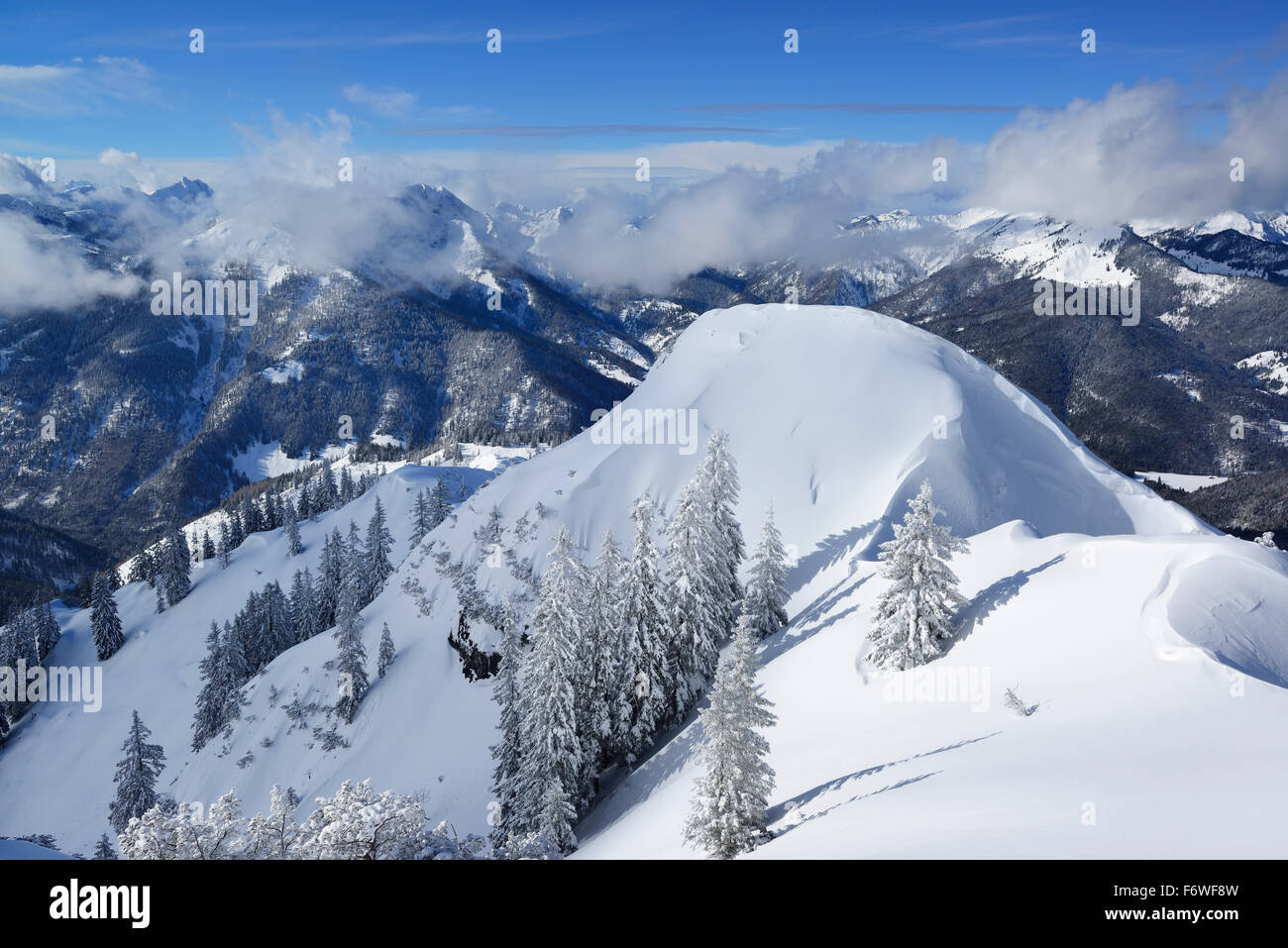 View from Trainsjoch, back-country skiing, Trainsjoch, Mangfall range, Bavarian Alps, Upper Bavaria, Bavaria, Germany Stock Photo