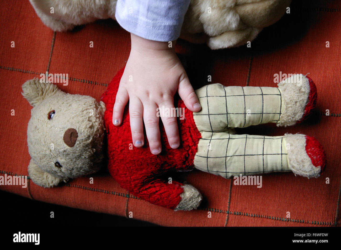 Close up of young child's hand touching a teddy bear Stock Photo Alamy