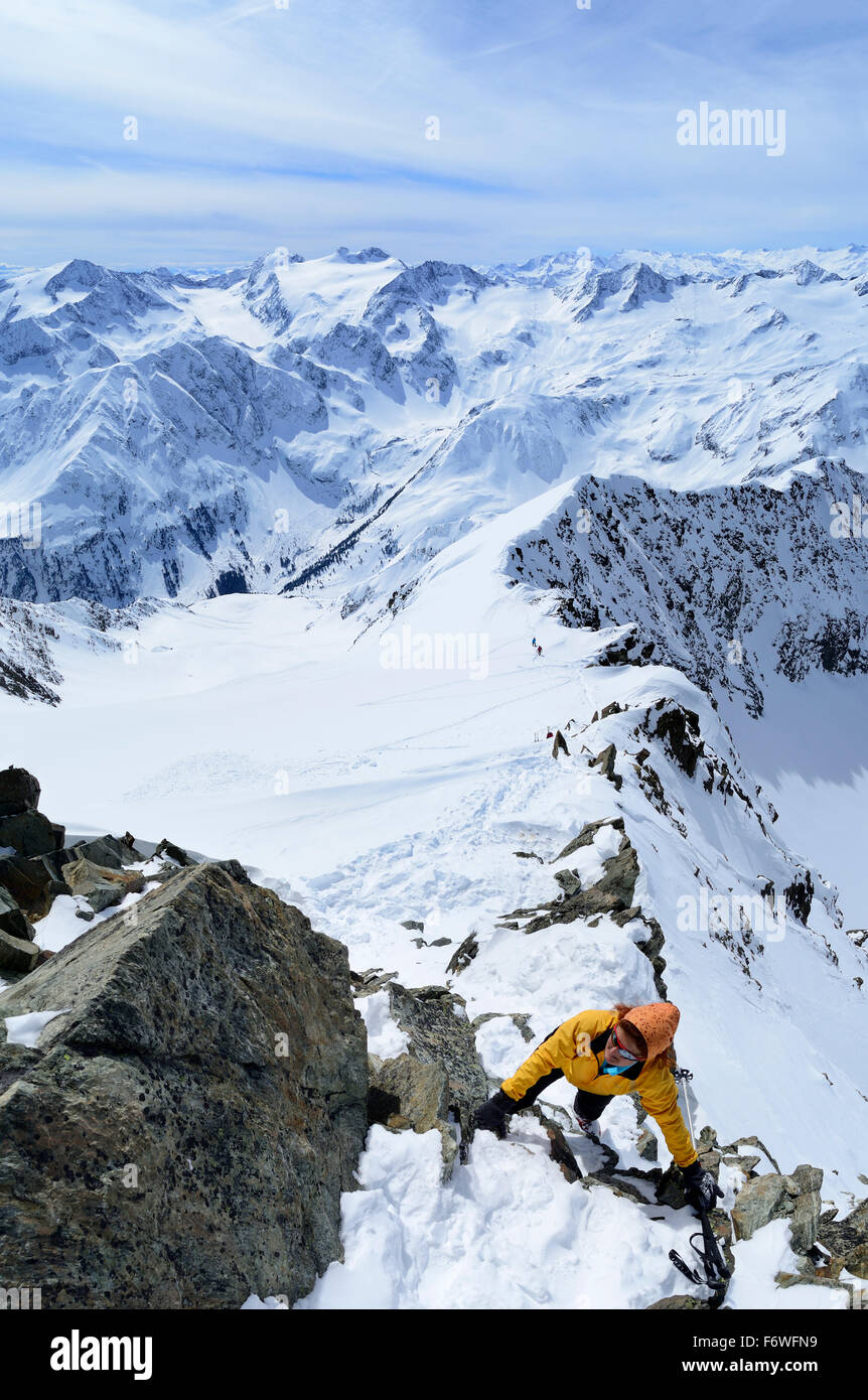 Woman climbing to Ruderhofspitze, Stubai Alps, Tyrol, Austria Stock Photo