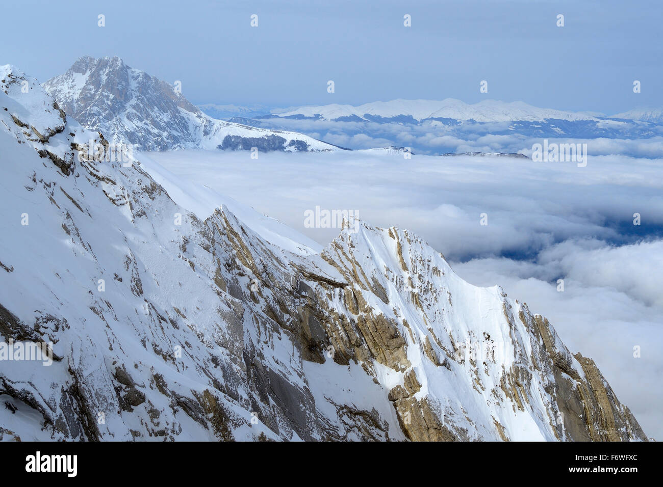 Gran Sasso standing above the snow-covered face of Monte Camicia, back-country skiing, Monte Camiscia, Val Vradda, Gran Sasso, C Stock Photo