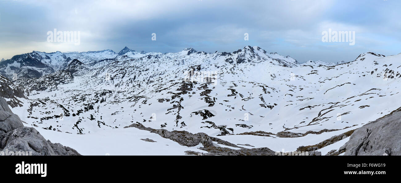 Panorama of Steinernes Meer with Schoenfeldspitze, Hundstodreibn, Berchtesgaden range, National Park Berchtesgaden, Upper Bavari Stock Photo