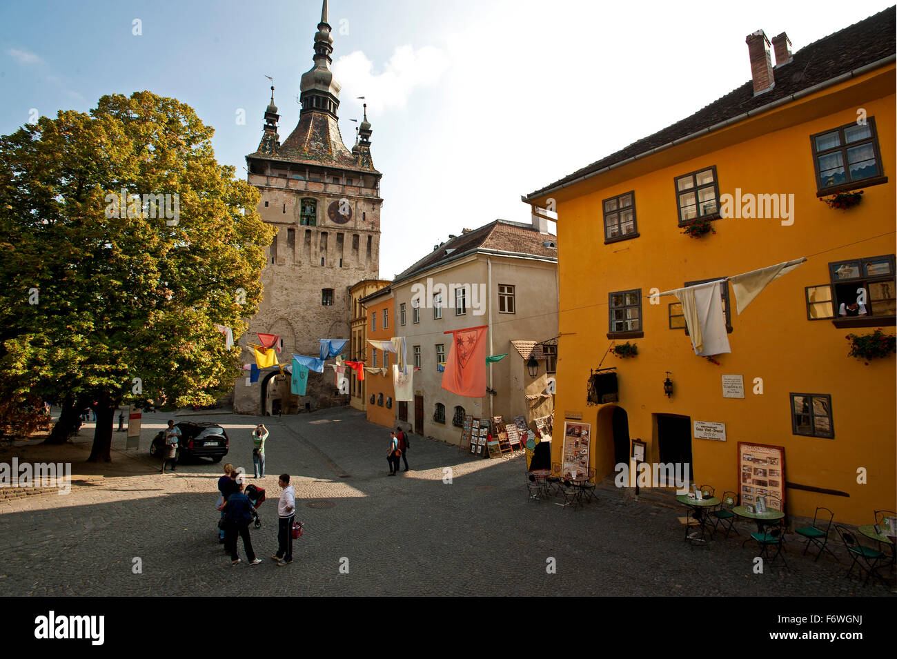 Clock tower in the historic centre, Sighisoara, Transylvania,Romania Stock Photo