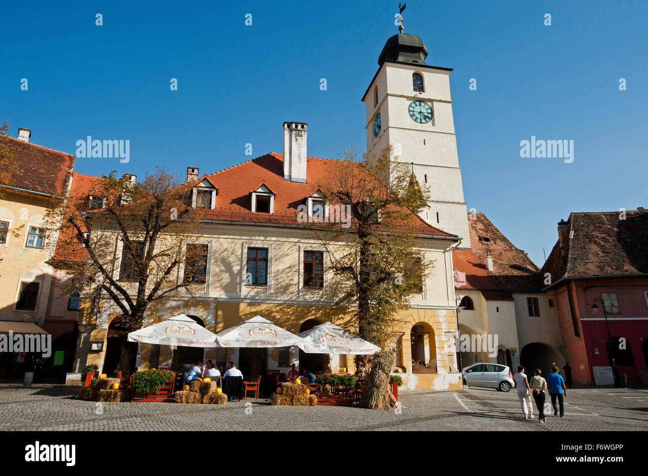 Piata Huet in the historic part of town, Sibiu, Transylvania, Romania Stock Photo