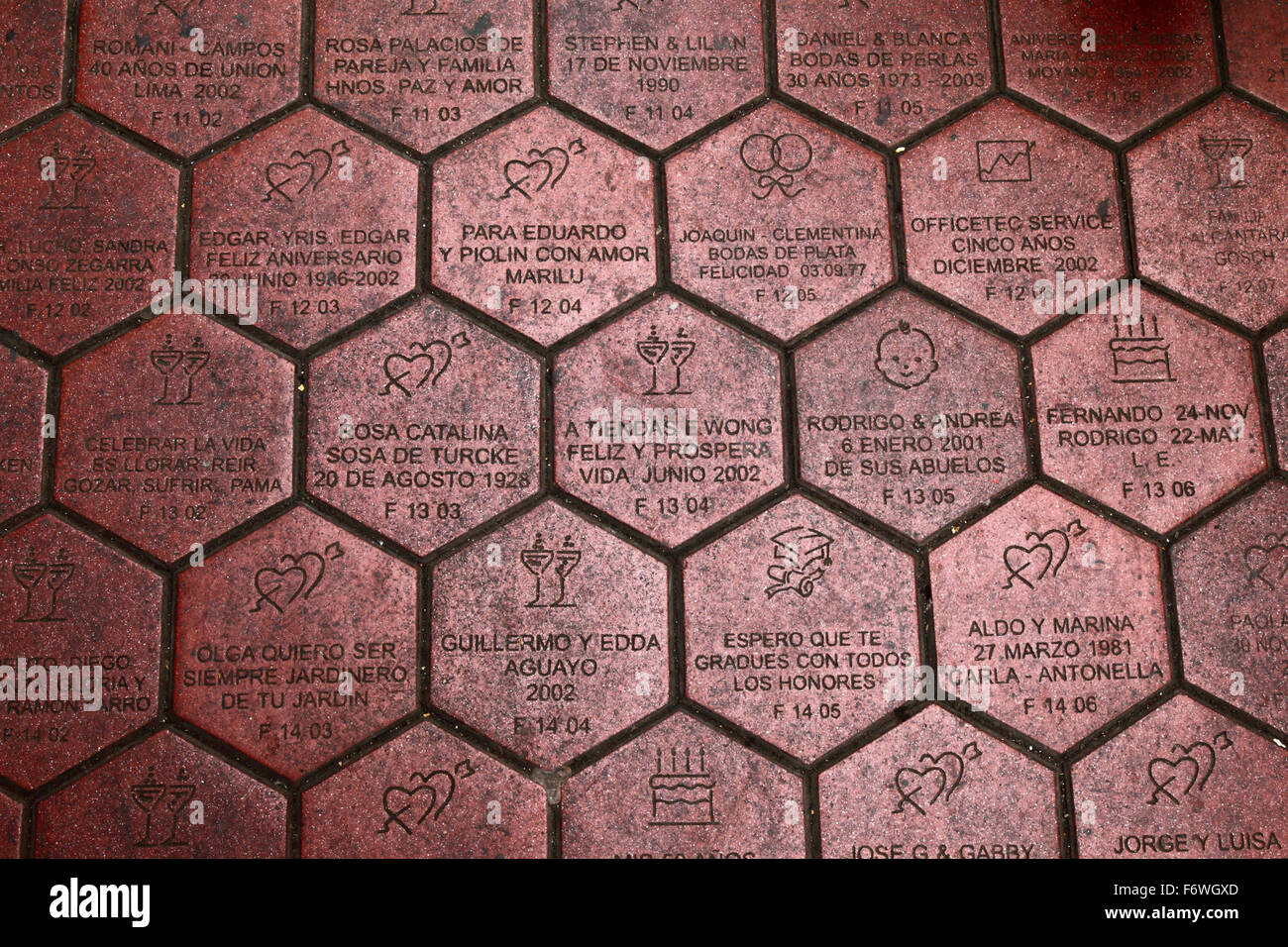 Tiles with names of donors on paved pedestrian street in Chinatown / Barrio Chino, Lima, Peru Stock Photo