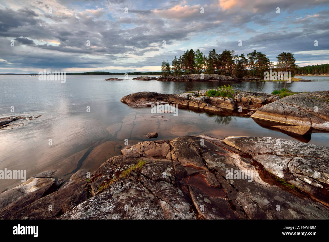 Sunset at lake Onega, The Republic of Karelia, Russia Stock Photo