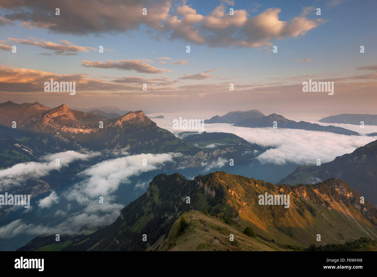 View from Rophaien to Lake Lucerne and the surrounding peaks in the morning, Canton of Uri, Switzerland Stock Photo