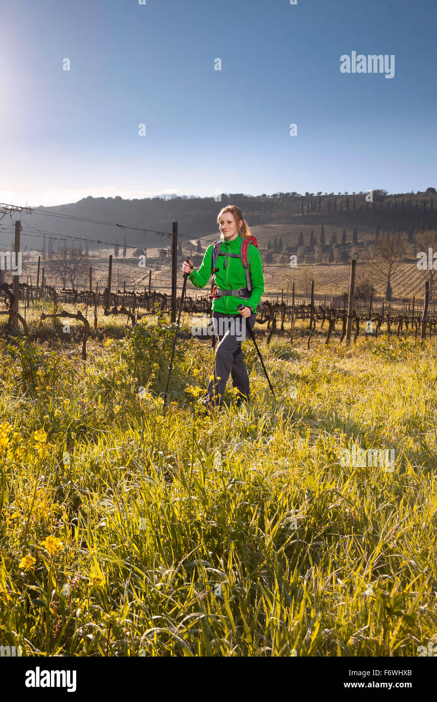 Young woman hiking across a vineyard, Val d Orcia, Tuscany, Italy Stock Photo