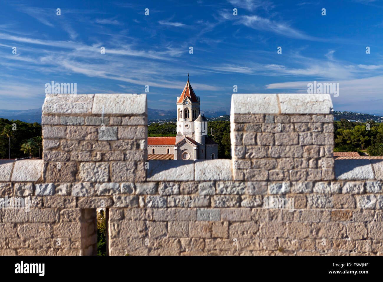 View of the Abbaye de Lerins from the fortified monastery on Ile Saint-Honorat, Cannes, France Stock Photo