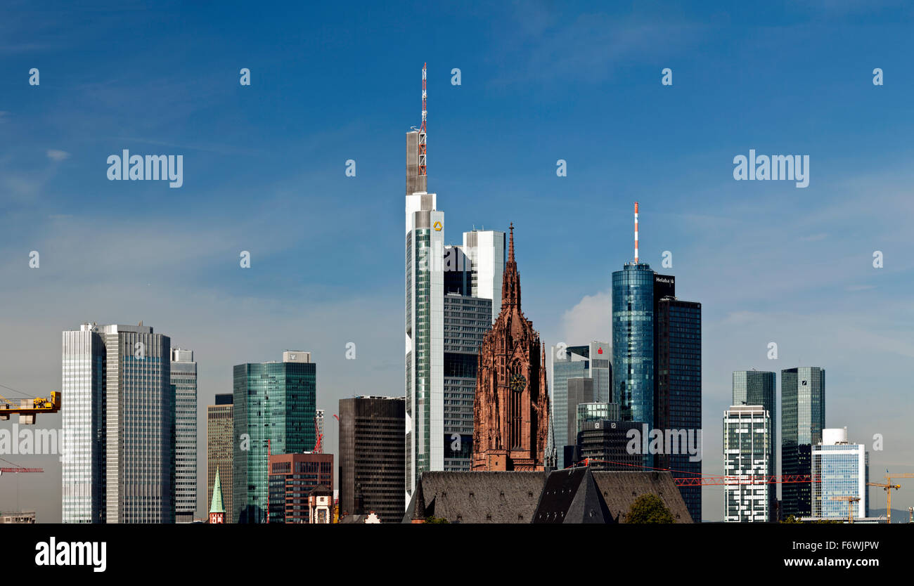 Frankfurt skyline with skyscrapers, Frankfurt, Hessen, Germany Stock Photo