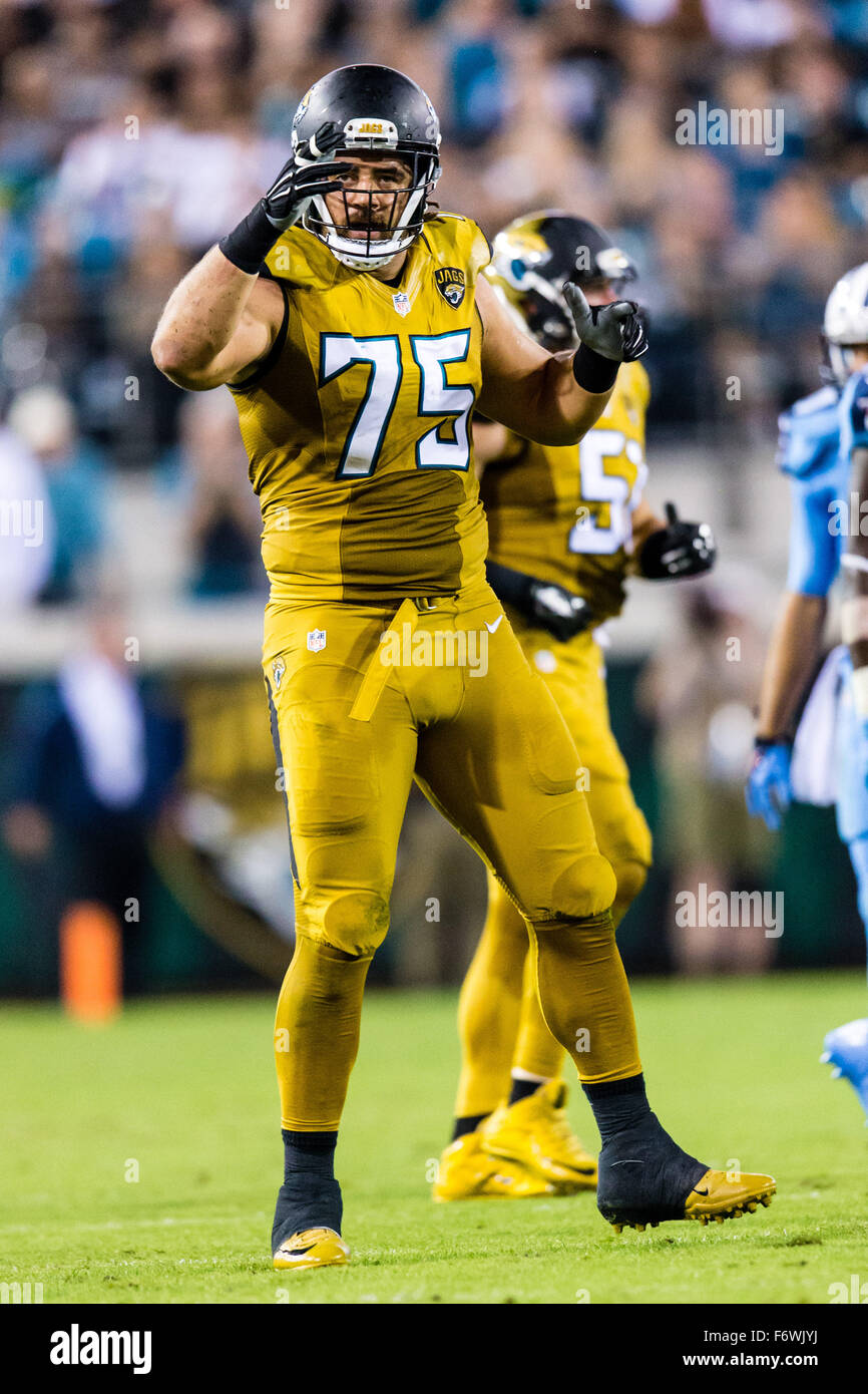 November 19, 2015: Jacksonville Jaguars defensive end Jared Odrick #75  celebrates after making the tackle on Tennessee Titans running back Dexter  McCluster #22 in the 1st half in the game between the