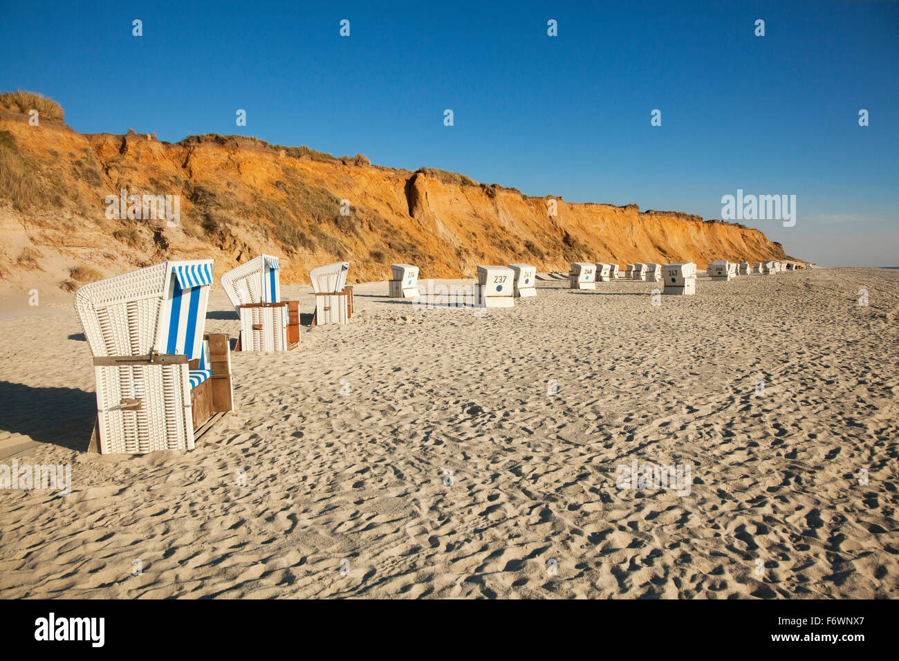 Beach chairs at Rotes Kliff, near Kampen, Sylt island, North Sea, North Friesland, Schleswig-Holstein, Germany Stock Photo