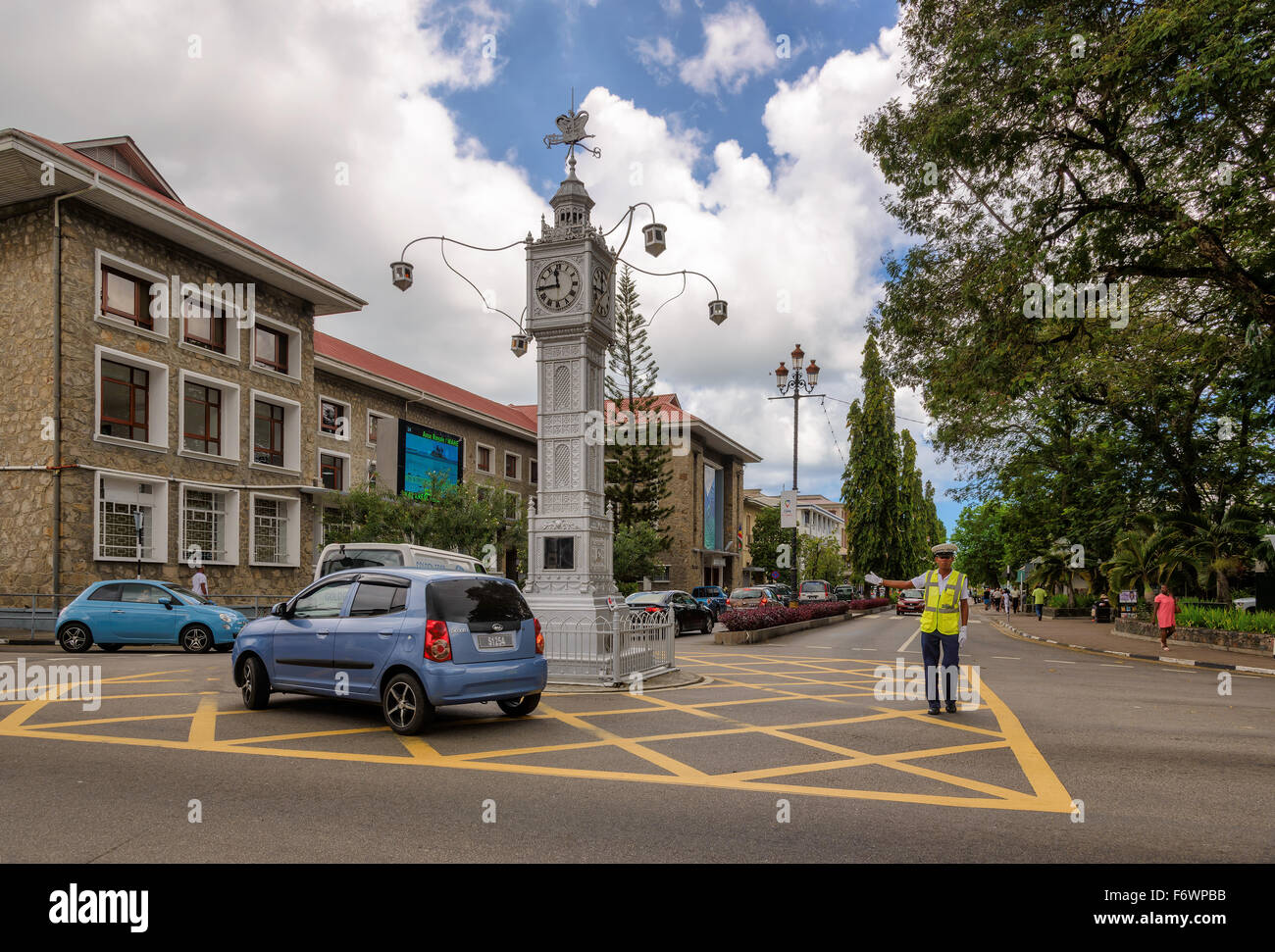 The clock tower of Victoria, traffic in the downtown, Seychelles Stock Photo