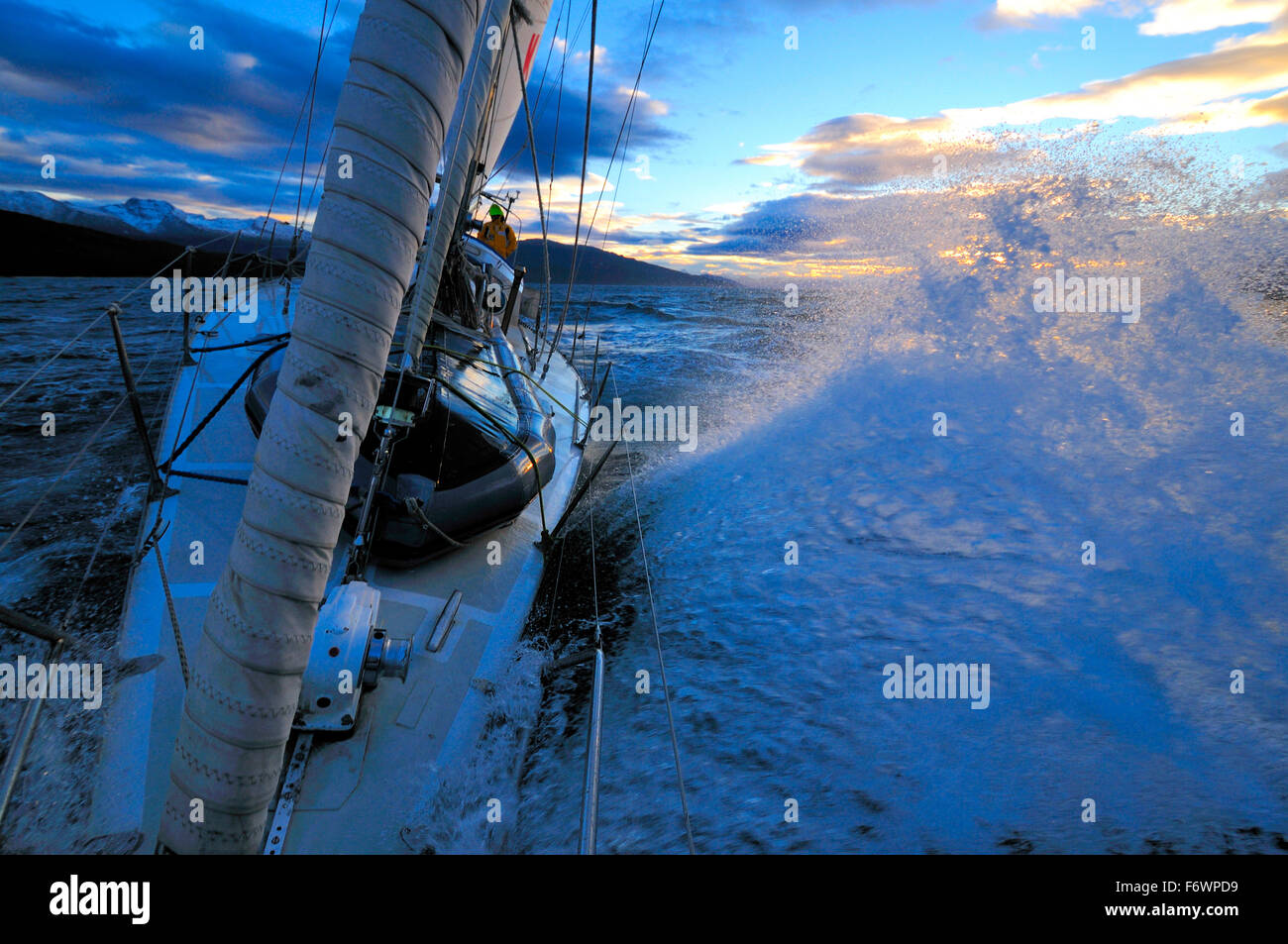 Sailing boat passing Beagle Channel, Tierra del Fuego, Chile Stock Photo