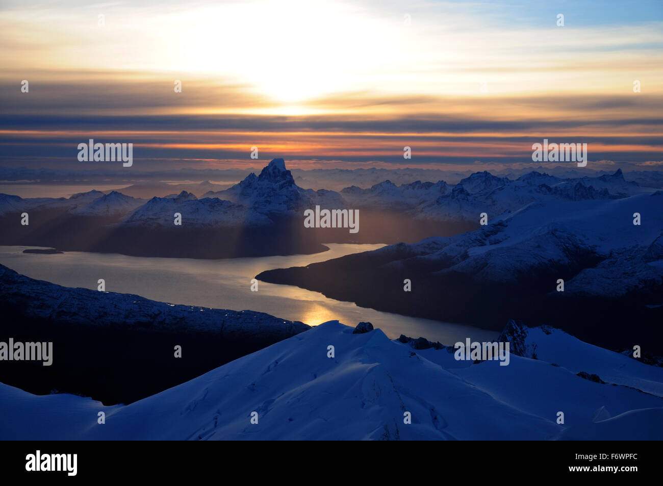 Monte Buckland in sunrise, Monte Sarmiento, Cordillera Darwin, Tierra del Fuego, Chile Stock Photo