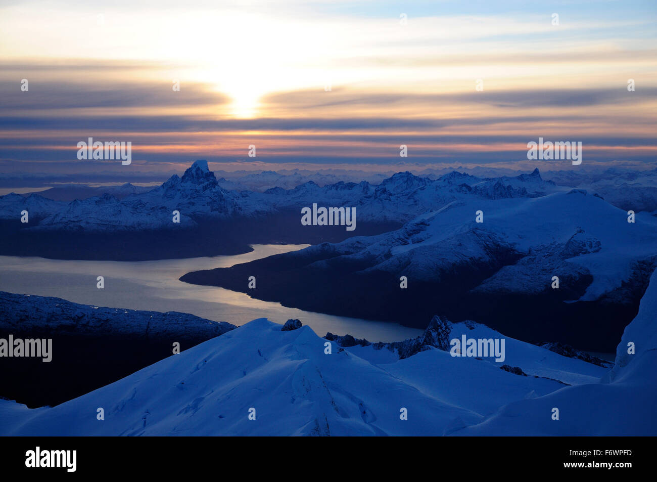 Monte Buckland in sunrise, Monte Sarmiento, Cordillera Darwin, Tierra del Fuego, Chile Stock Photo