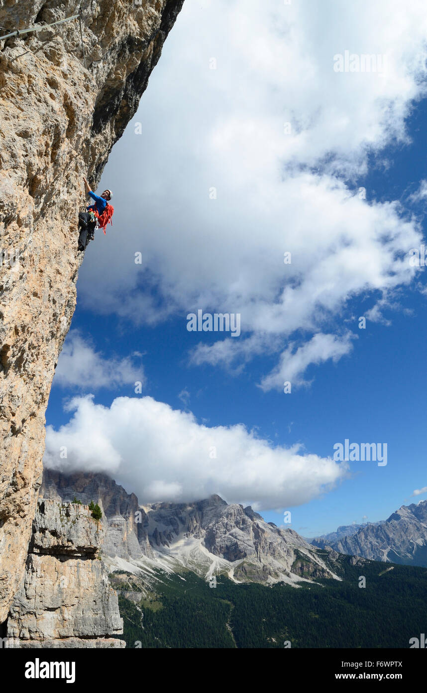Climber on Via Finlandia, Torre Grande, Cinque Torri, Dolomites, Veneto, Italy Stock Photo