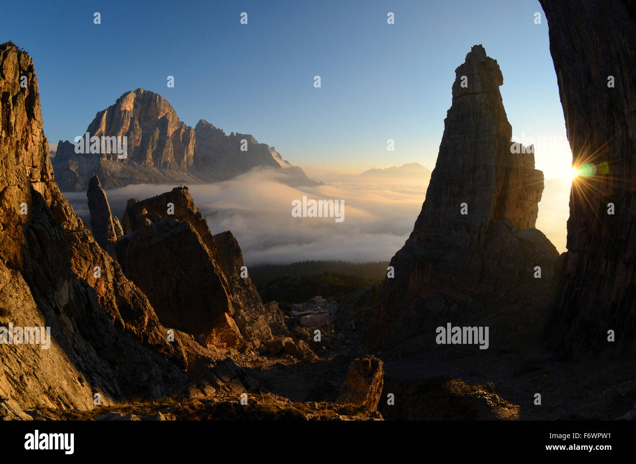 Mountain scenery in sunrise, Tofana di Rozes in background, Cinque Torri, Dolomites, Vento, Italy Stock Photo
